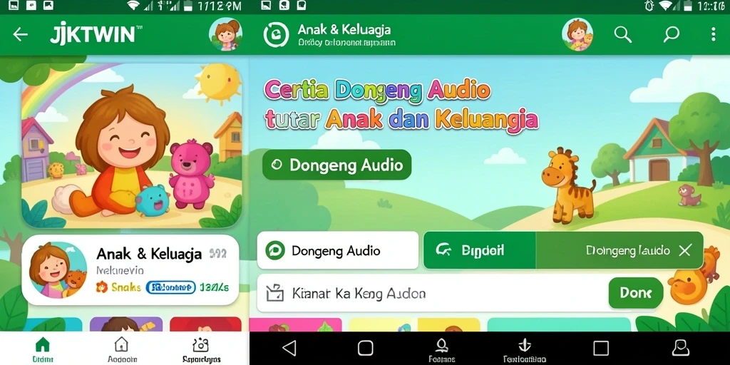 Antarmuka aplikasi JKTWIN dengan koleksi cerita dongeng audio.