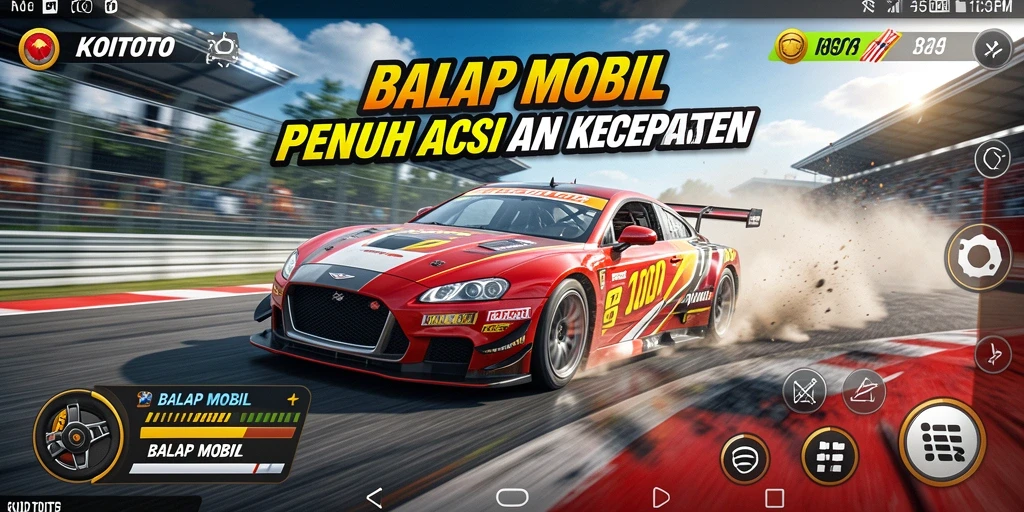 Screenshot antarmuka game Balap Mobil KOITOTO dengan tampilan trek dan mobil.